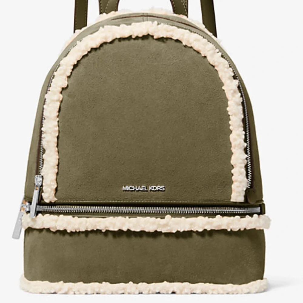 MICHAEL KORS Rhea Medium Suede and Faux Shearling Backpack Olive NWT